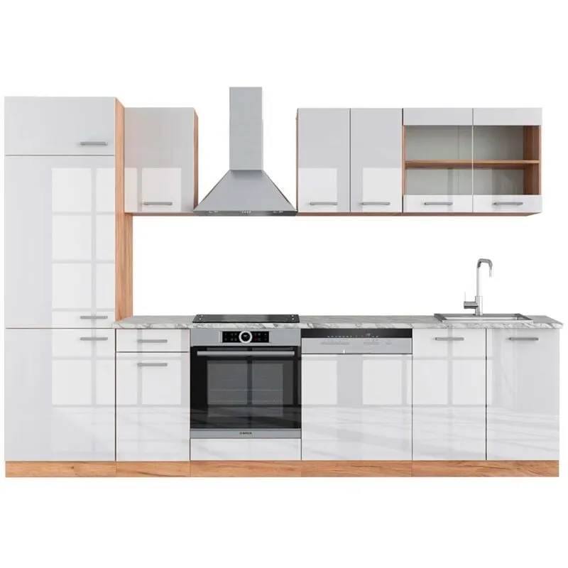  - Cucina componibile R-Line, Bianco lucido/oro power oak, 300 cm , pl Marmo