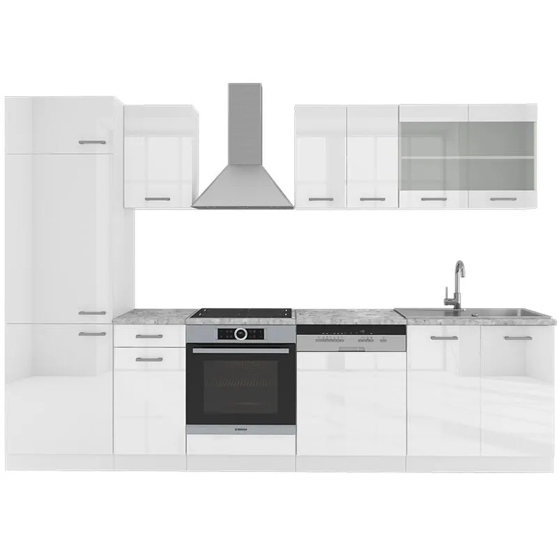  - Cucina componibile R-Line, Bianco lucido/bianco, 300 cm senza piano di lavoro