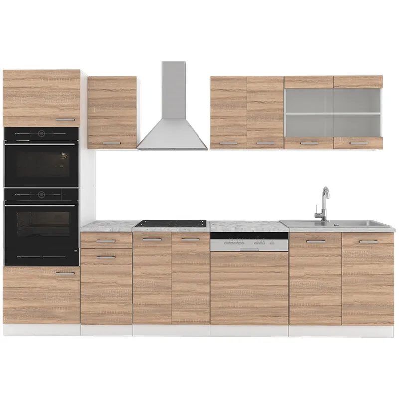 Cucina componibile R-Line, Sonoma, 300 cm con armadio alto, pl Marmo 