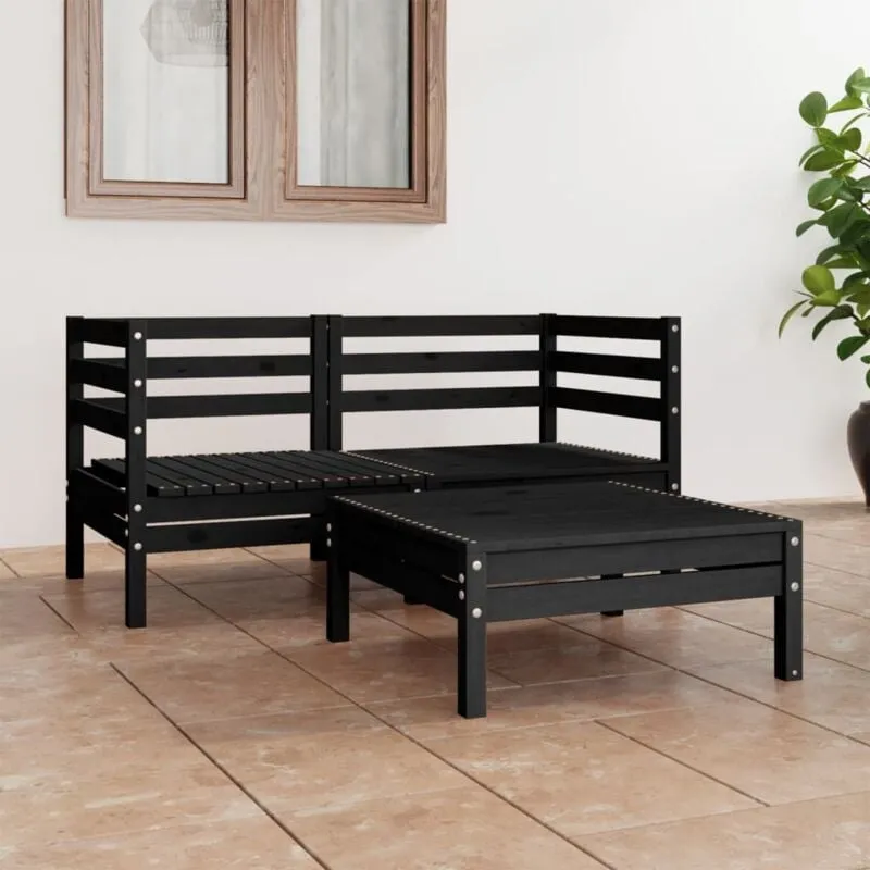 Set Divani da Giardino 3 pz Nero in Legno Massello di Pino - Vidaxl