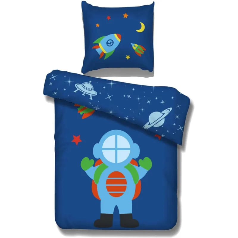 Set Copriletto Design Astronauta 195x85 cm in Cotone Vipack - Blu