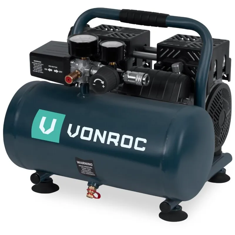 Pro Compressore d'aria silenzioso - 57,5dB - 6 Lt - Senza olio - 750W – Antracite - Vonroc