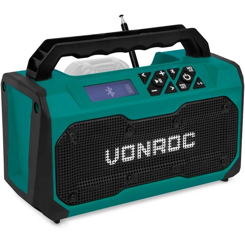 Vonroc - Radio da cantiere 20V - fm, Bluetooth & usb. Altoparlanti Bass Reflex. Batteria e caricatore esclusi