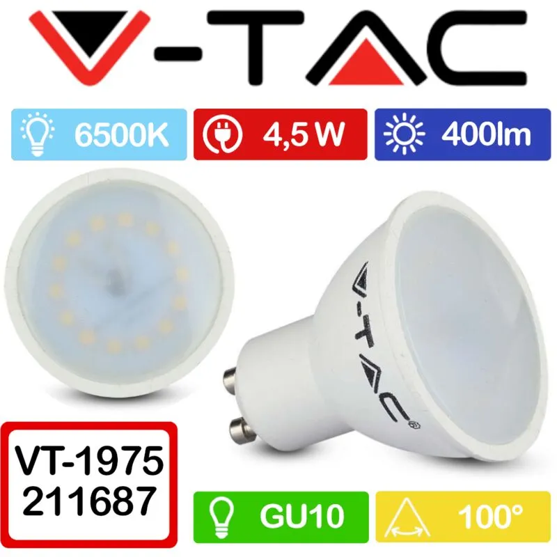 V-tac - VT-1975 Faretto led GU10 4,5W 100° Copertura Satinata Bianco freddo - 6500K