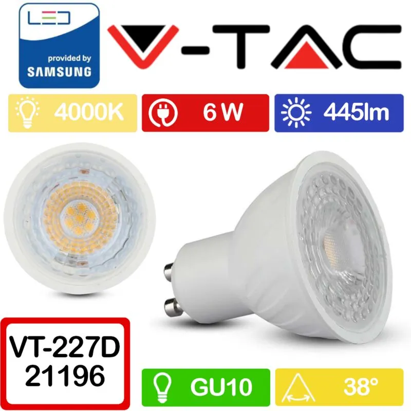 Pro VT-227D Faretto led GU10 con Chip Samsung 6W 38° Dimmerabile Bianco naturale - 4000K - V-tac