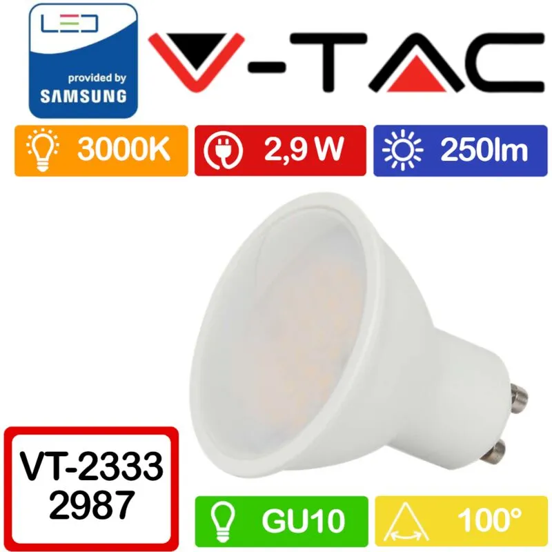 V-tac - VT-2333 Faretto led GU10 2,9W 100° Copertura satinata Bianco caldo - 3000K