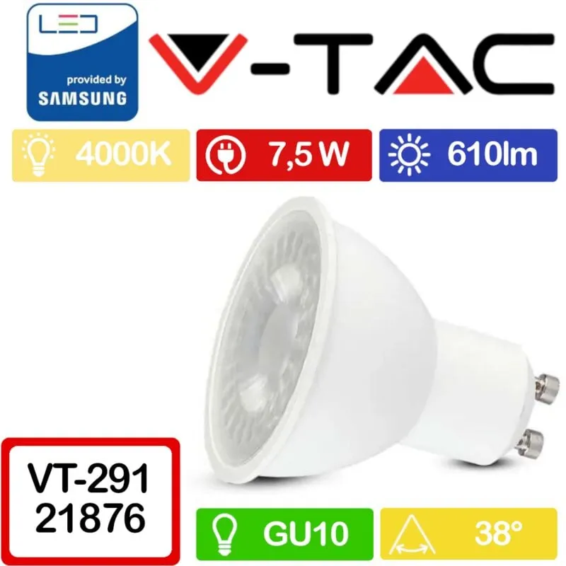 V-tac - pro VT-291 Faretto led GU10 con Chip Samsung 7,5W 38° Bianco naturale - 4000K