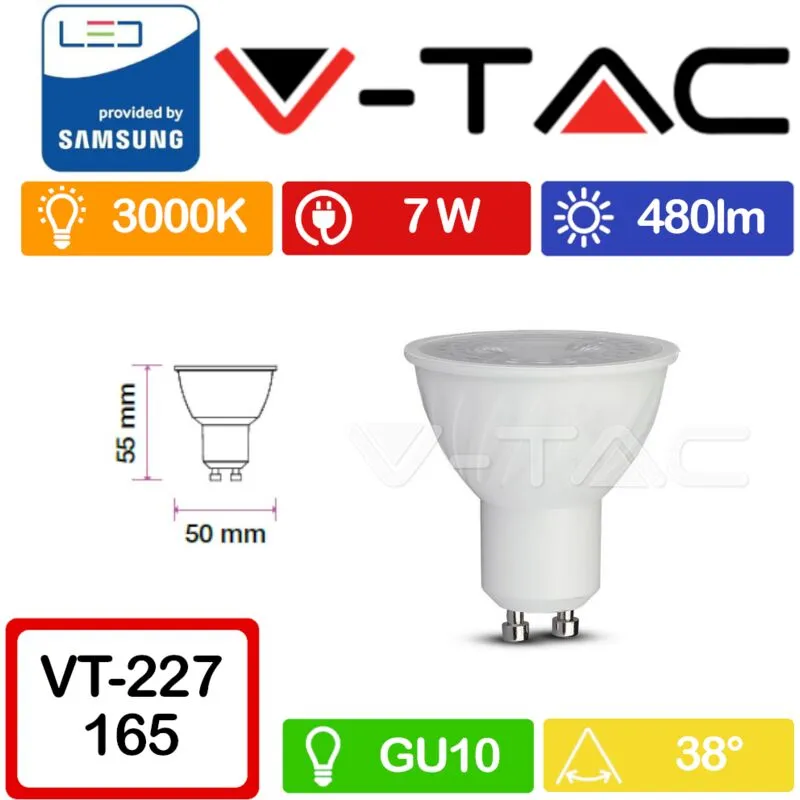 Pro VT-277 Faretto led GU10 con Chip Samsung 7W 38° Bianco caldo - 3000K - V-tac