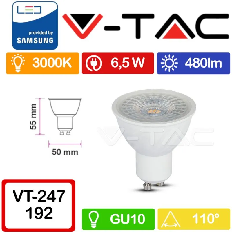 Pro VT-247 Faretto led GU10 con Chip Samsung 6,5W 110° Bianco caldo - 3000K - V-tac