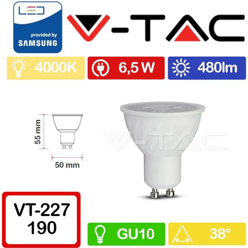 Pro VT-227 Faretto led GU10 con Chip Samsung 6,5W 38° Copertura trasparente Bianco naturale - 4000K - V-tac