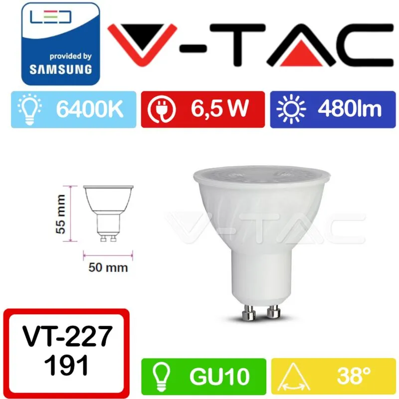 Pro VT-227 Faretto led GU10 con Chip Samsung 6,5W 38° Copertura trasparente Bianco freddo - 6400K - V-tac