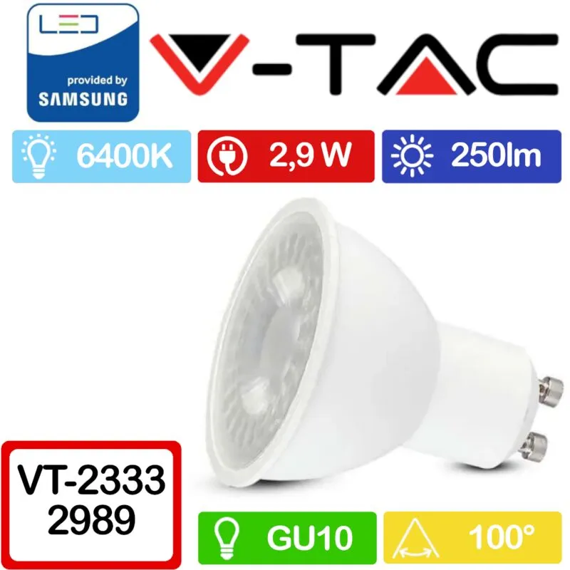 V-tac - VT-2333 Faretto led GU10 2,9W 100° Copertura satinata Bianco freddo - 6400K