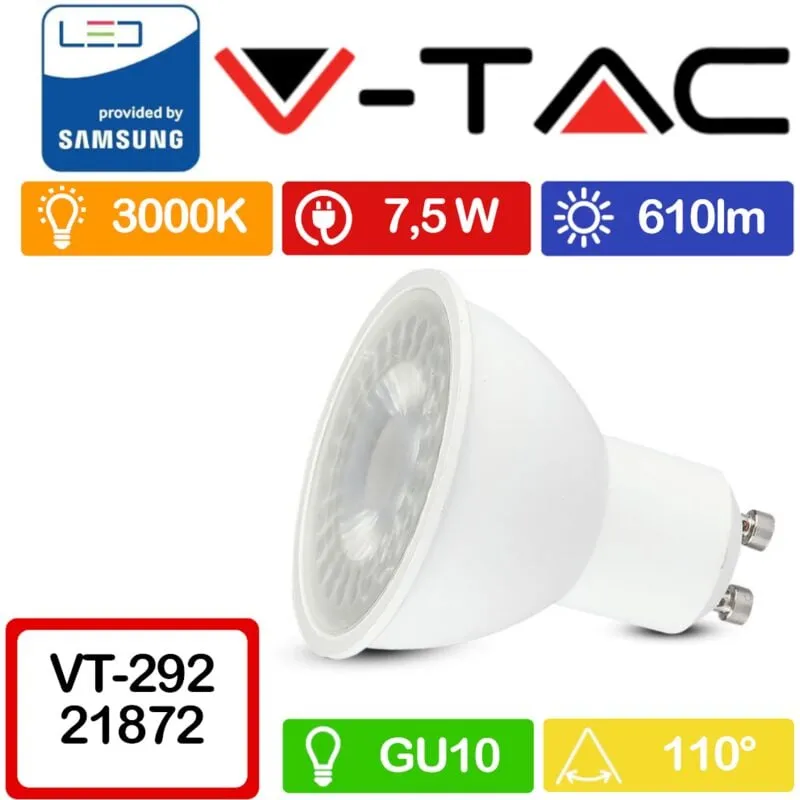 Pro VT-292 Faretto led GU10 con Chip Samsung 7,5W 110° Bianco caldo - 3000K - V-tac