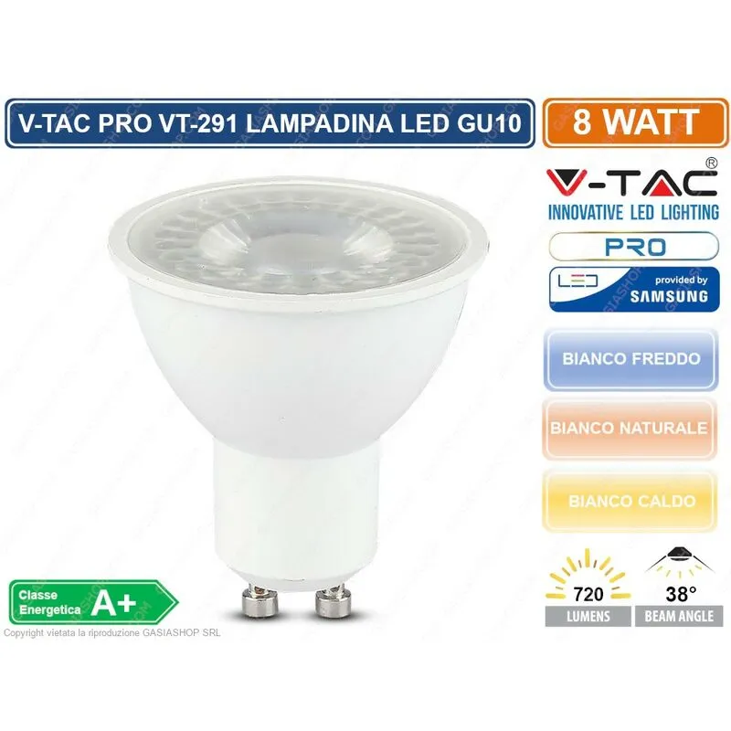  PRO VT-291 LAMPADINA LED GU10 8W FARETTO SPOTLIGHT CHIP SAMSUNG 38° - SKU 875 / 876 / 877 - Colore Luce: Bianco Freddo