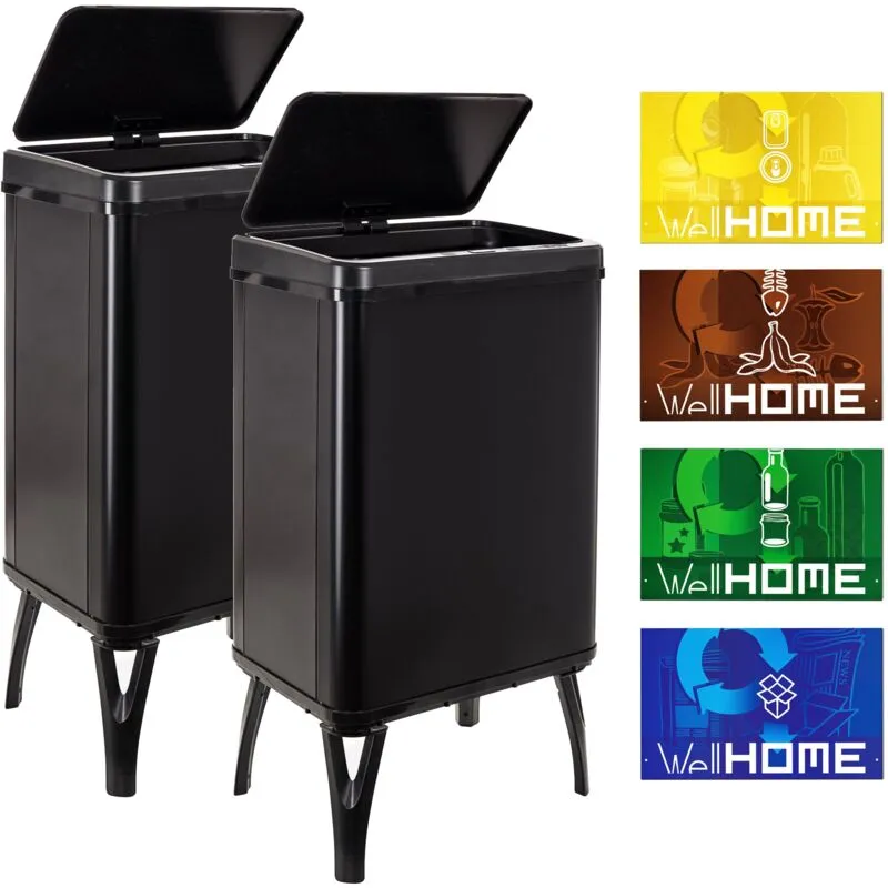 WELL HOME MOBILIARIO & DECORACIÓN 2 bidoni della spazzatura intelligente da 40 l, altezza: 71,5 (x35,5 x 26), nero con etichette magnetiche