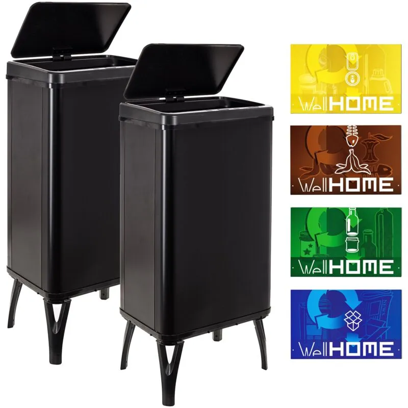 Well home mobiliario & decoración 2 bidoni della spazzatura intelligente da 50 l, altezza: 83,5 (x35,5 x 26), nero con etichette magnetiche - Nero