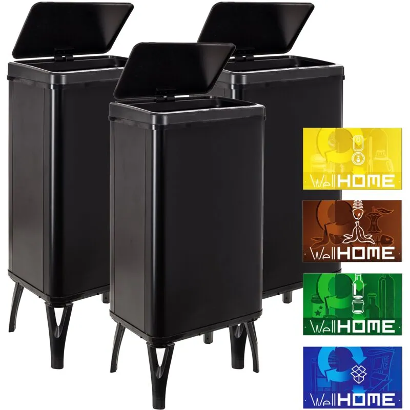 Well home mobiliario & decoración 3 bidoni della spazzatura intelligente da 50 l, altezza: 83,5 (x35,5 x 26), nero con etichette magnetiche - Nero