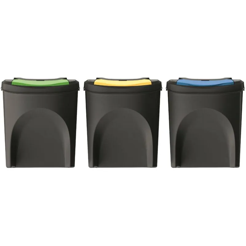 Wellhome - Set di 3 bidoni della spazzatura in plastica riciclata al 100%, neri, 3x 25 l