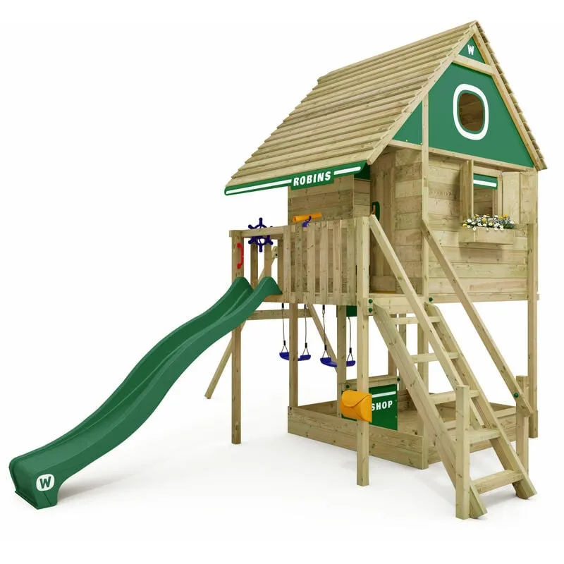 Casa su palafitte per bambini Smart RiverHouse con altalena e scivolo, casa sull'albero con sabbiera, scala per arrampicarsi e accessori ludici