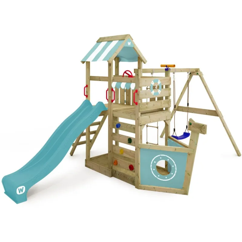 Wickey - Parco giochi in legno SeaFlyer Giochi da giardino con altalena e scivolo Casetta da gioco per l'arrampicata con sabbiera e scala di risalita