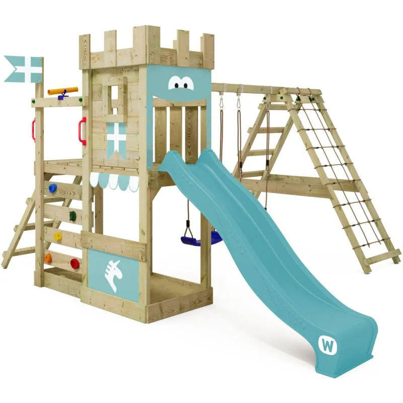 Wickey - Parco giochi in legno DragonFlyer Giochi da giardino con altalena e scivolo Torre d'arrampicata da esterno con sabbiera e scala di risalita