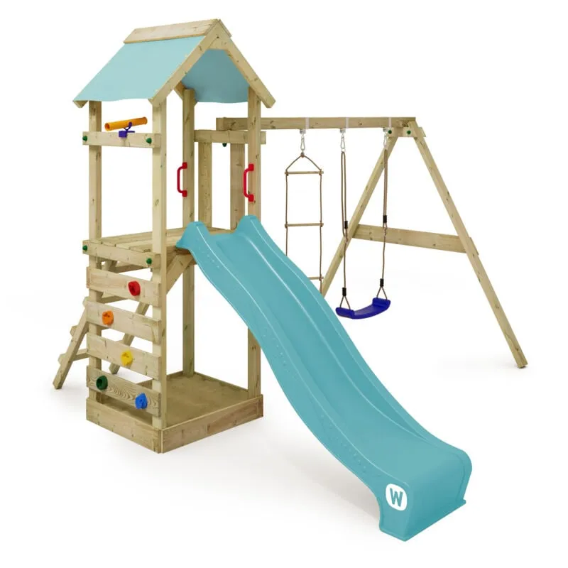 WICKEY Parco giochi in legno FreeFlyer Giochi da giardino con altalena e scivolo Torre d'arrampicata da esterno con sabbiera e scala di risalita per