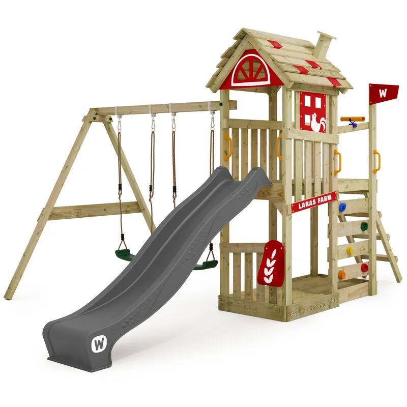 Wickey - Parco giochi in legno FarmFlyer Tetto in legno Giochi da giardino con altalena e scivolo Casetta da gioco per l'arrampicata con sabbiera e