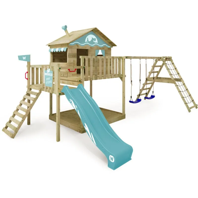 WICKEY Parco giochi in legno Smart Ocean Giochi da giardino con altalena e scivolo Casa su palafitte da esterno con sabbiera e scala di risalita per