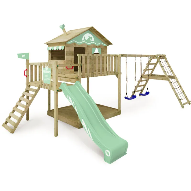 Wickey - Parco giochi in legno Smart Ocean Giochi da giardino con altalena e scivolo Casa su palafitte da esterno con sabbiera e scala di risalita