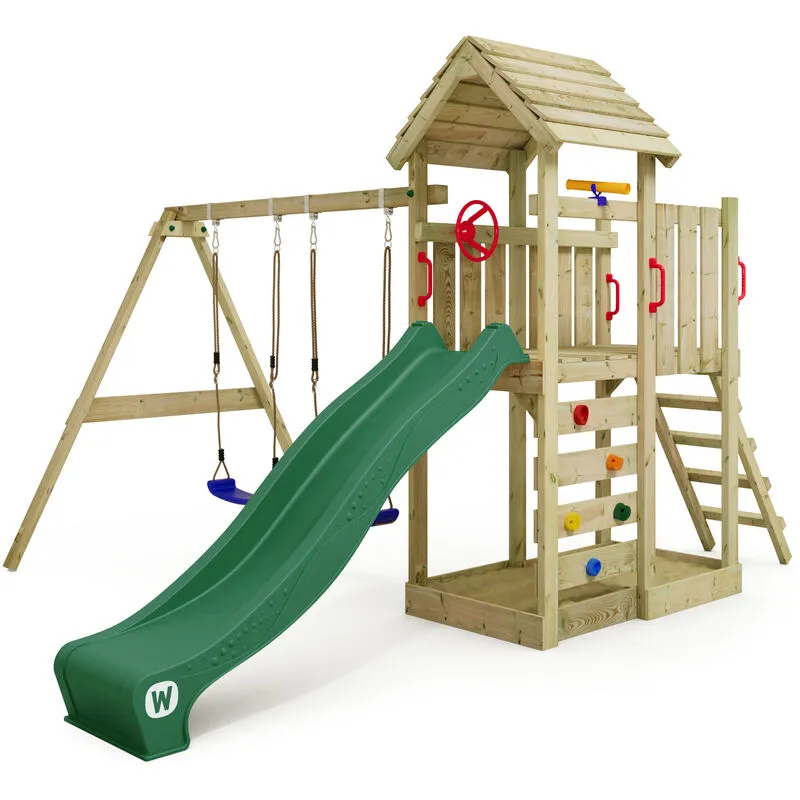 Wickey - Parco giochi in legno MultiFlyer Tetto in legno Giochi da giardino con altalena e scivolo Casetta da gioco per l'arrampicata con sabbiera e