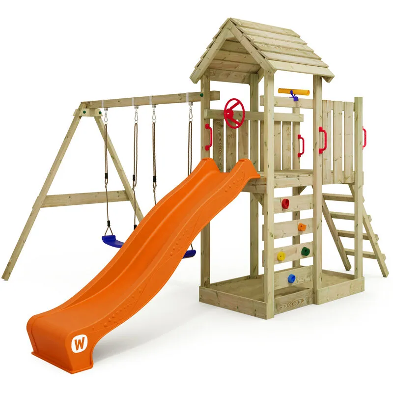 Wickey - Parco giochi in legno MultiFlyer Tetto in legno Giochi da giardino con altalena e scivolo Casetta da gioco per l'arrampicata con sabbiera e