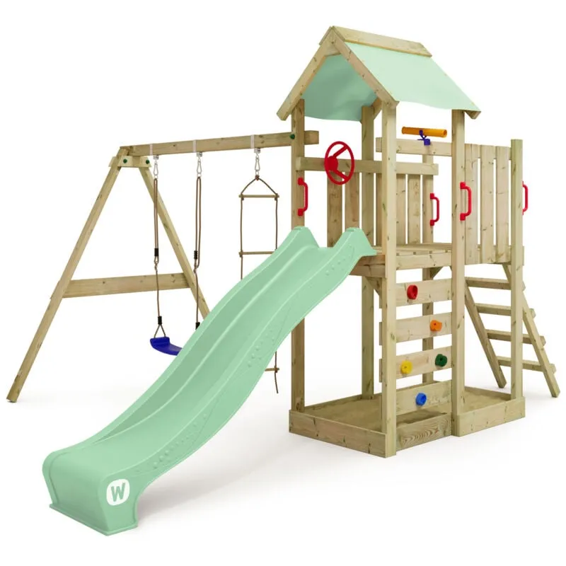 Wickey - Parco giochi in legno MultiFlyer Giochi da giardino con altalena e scivolo Torre d'arrampicata da esterno con sabbiera e scala di risalita