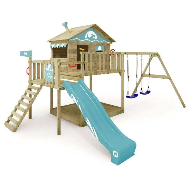 Wickey - Parco giochi in legno Smart Coast Giochi da giardino con altalena e scivolo Casa su palafitte da esterno con sabbiera e scala di risalita