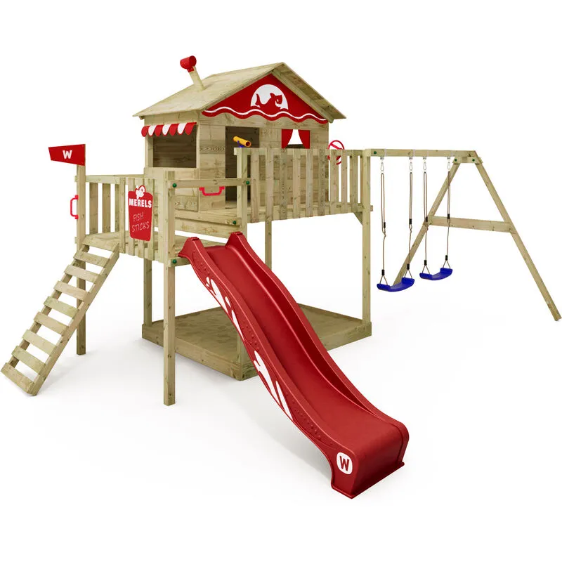 Wickey - Parco giochi in legno Smart Coast Giochi da giardino con altalena e scivolo Casa su palafitte da esterno con sabbiera e scala di risalita