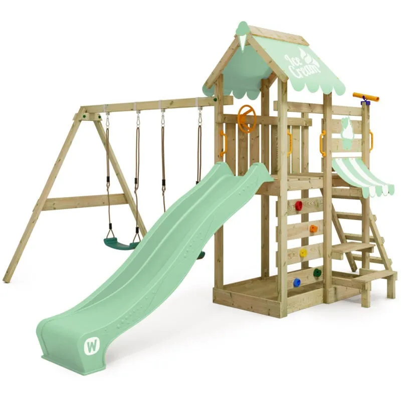 Wickey - Parco giochi in legno VanillaFlyer Giochi da giardino con altalena e scivolo Torre d'arrampicata da esterno con sabbiera e scala di risalita