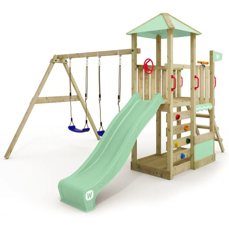 Wickey - Parco giochi in legno Smart Savana Giochi da giardino con altalena e scivolo Casetta da gioco per l'arrampicata con sabbiera e scala di