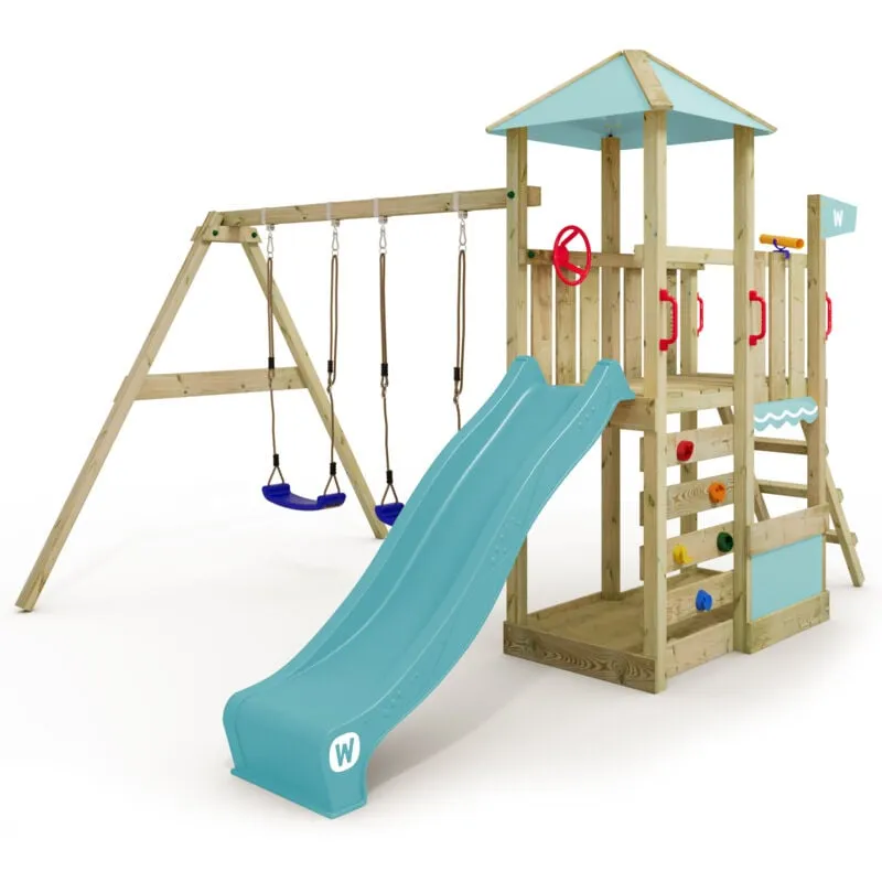 Wickey - Parco giochi in legno Smart Savana Giochi da giardino con altalena e scivolo Casetta da gioco per l'arrampicata con sabbiera e scala di