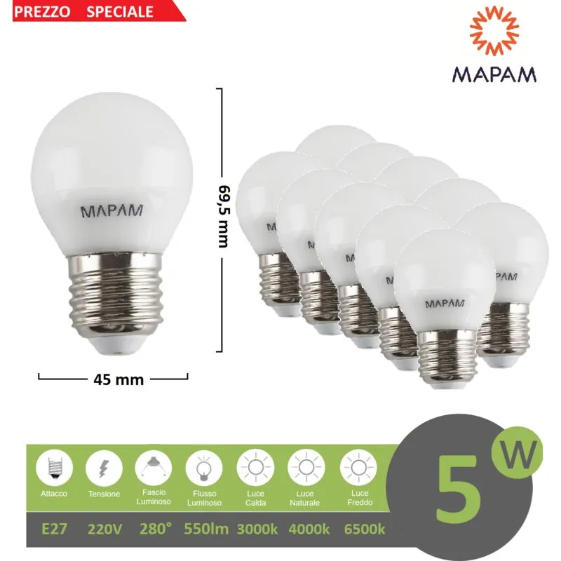 Mapam - X10 Lampadina led E27 globo 5w bulbo G45 luce bianca