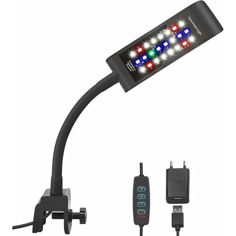 Clip led per Acquario, [rgb + Luce Bianca] 10 Livelli di Luminosità Dimmer Clip per Acquario per Acquari da 20-30 cm e Piante Acquatiche, Nero - 