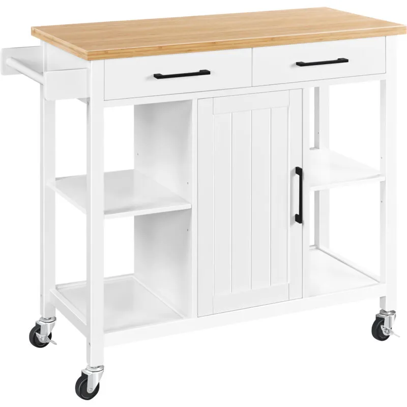 Carrello da Cucina con Ruote 2 Cassetti 4 Mensole Armadietto Bianco Mobile Scaffale per Microonde Carrello Servizio Credenza Legno Moderno Elegante