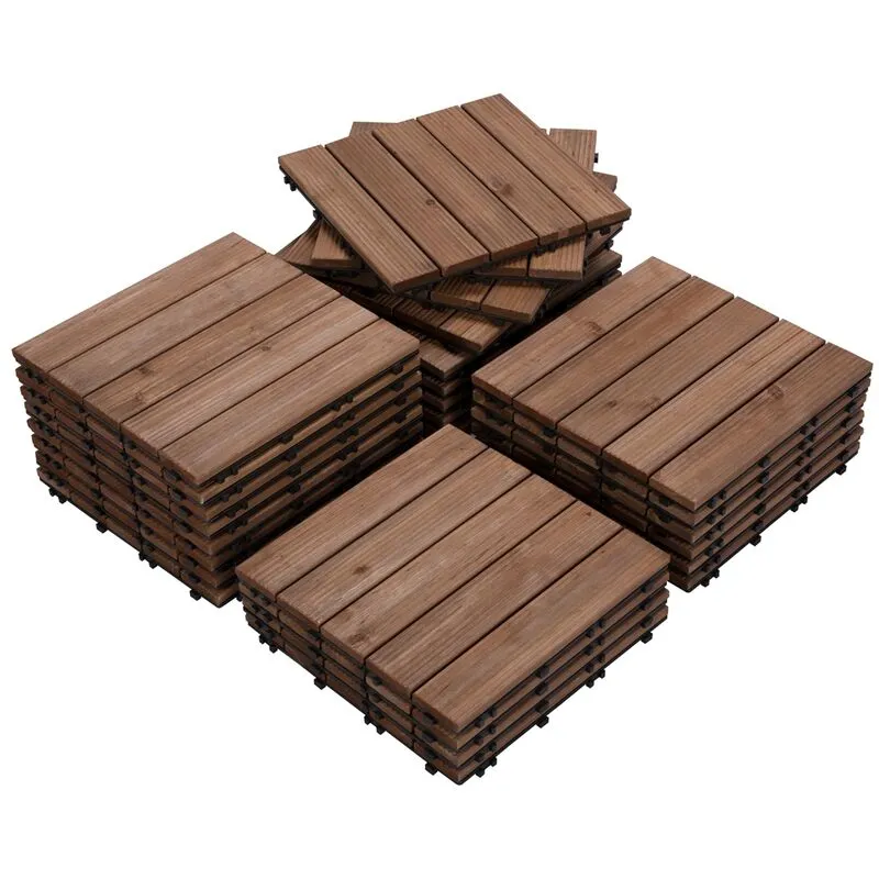 Set 27 Pezzi Piastrelle in Legno 30 x 30 cm Pavimento ad Incastro Esterno Interno per Terrazza Balcone Giardino Patio Scuro Marrone - Yaheetech