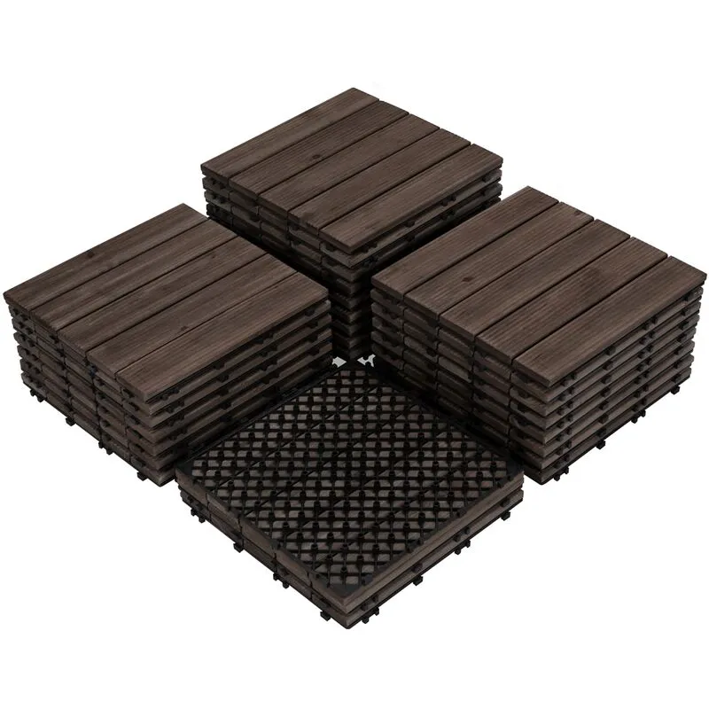 Set 27 Pezzi Piastrelle in Legno 30 x 30 cm Pavimento ad Incastro Esterno Interno per Terrazza Balcone Giardino Patio Nero - Yaheetech