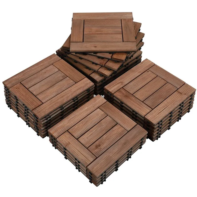 Set da 27 Pezzi Piastrelle in Legno da Pavimento 30 x 30 cm Estreno Interno Sistema ad Incastro per Terrazza Balcone Giardino Patio Scuro Marrone