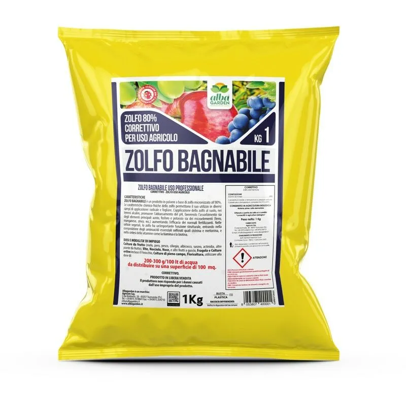 Zolfo Bagnabile in Polvere, Consentito in Agricoltura Biologica, Zolfo 80% Micronizzato Correttivo per Uso Agricolo per Orto Frutta Vite x 1 kg