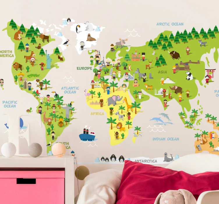 Adesivo murale mappamondo con animali dei paesi