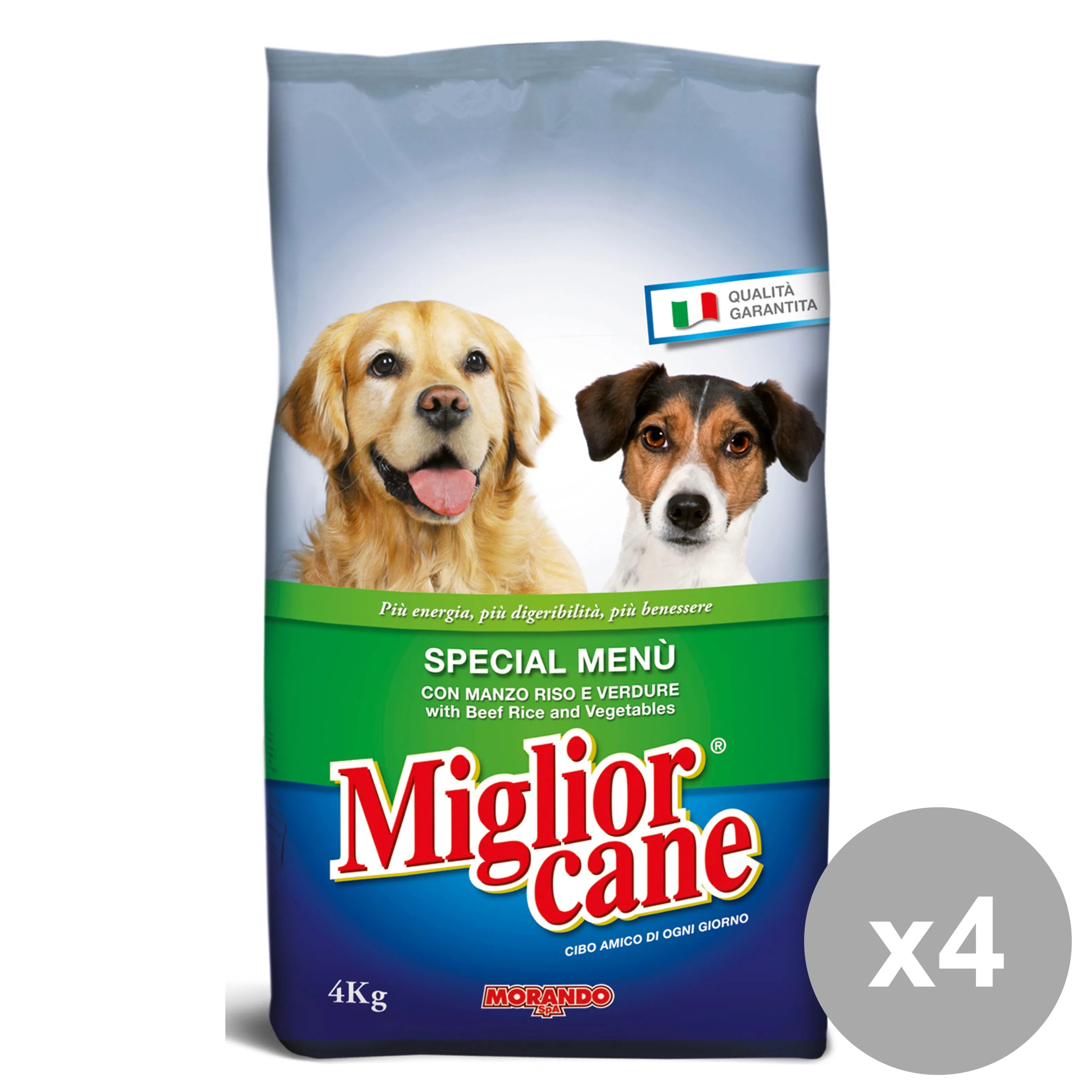 "Set 4 MIGLIOR CANE 4 KG.Secco Special Menu Manzo-Riso-Verdure  Cibo per cani"