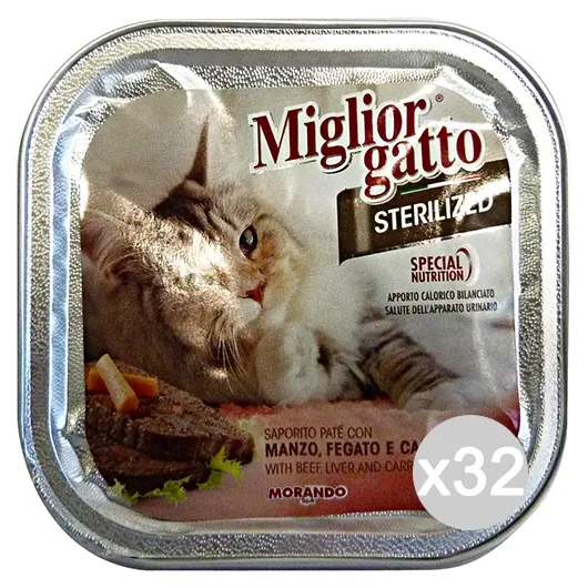 "Set 32 MIGLIOR GATTO Vaschetta Steril.100 Gr Umido Manzo/Fegato/Carote Cibo Per Gatti"