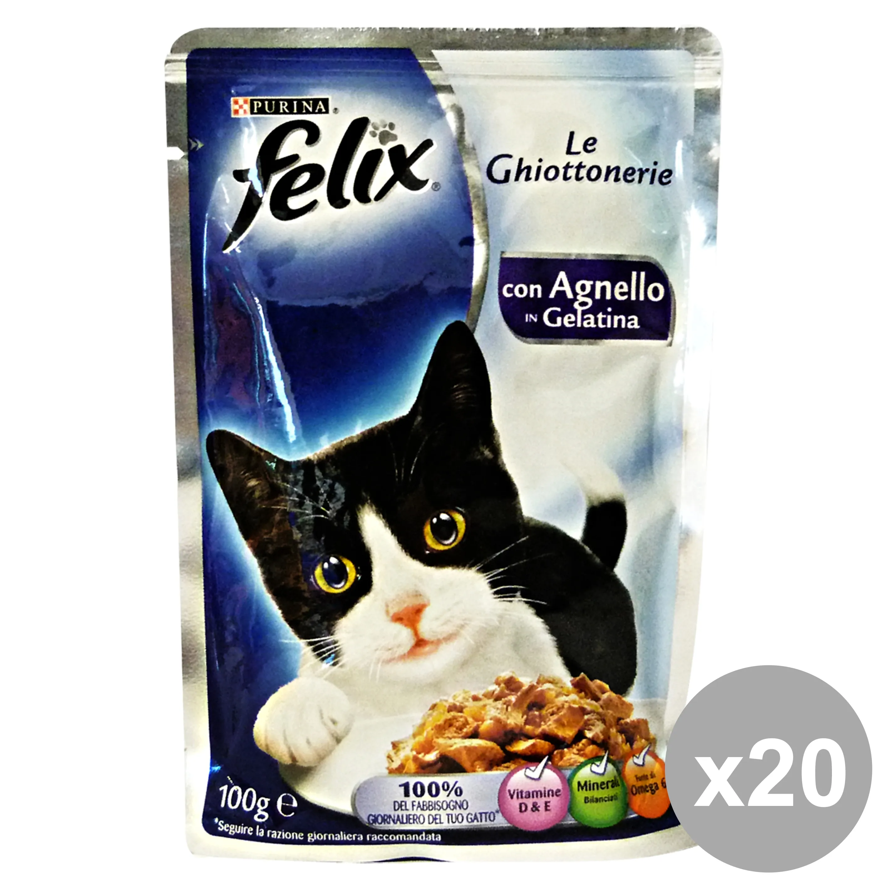 "Set 20 FELIX Le Ghiottonerie Agnello 100 Gr. Bustina Cibo per gatti"