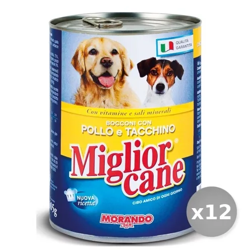 "Set 12 MIGLIOR CANE Barattolo 405 gr Umido Bocconcini Pollo Tacchino Cibo per Cani"