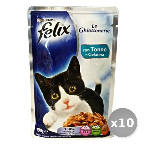 "Set 10 FELIX le Ghiottonerie Tonno 100 gr Bustina Cibo per Gatti"